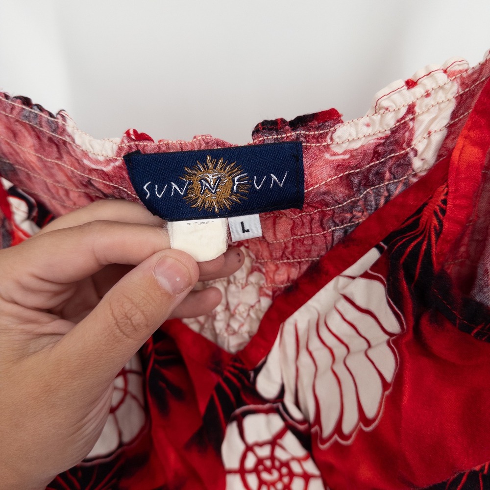 Vintage Y2K Sun Dress Womens L Red Fitted Seashell 90s Tropical‎ Beach Surfer - Picture 7 of 10